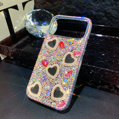 Funda trasera para iPhone hecha a mano de lujo con diamantes de imitación brillantes en forma de corazón