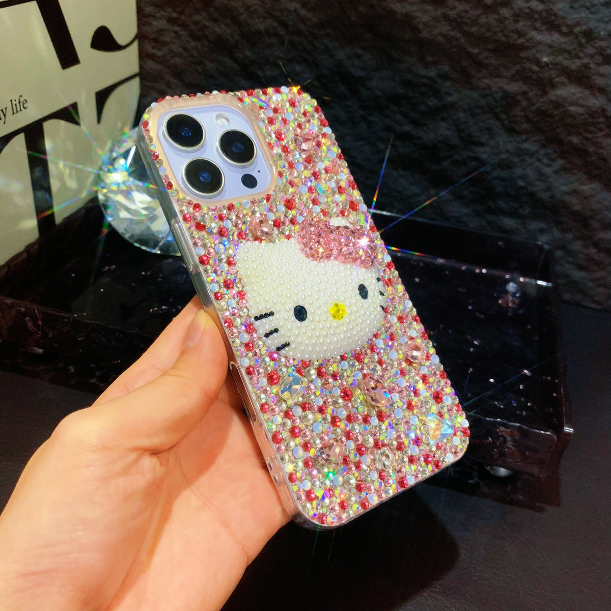Funda Hello Kitty 3D con diamantes de imitación mixtos para iPhone y Samsung