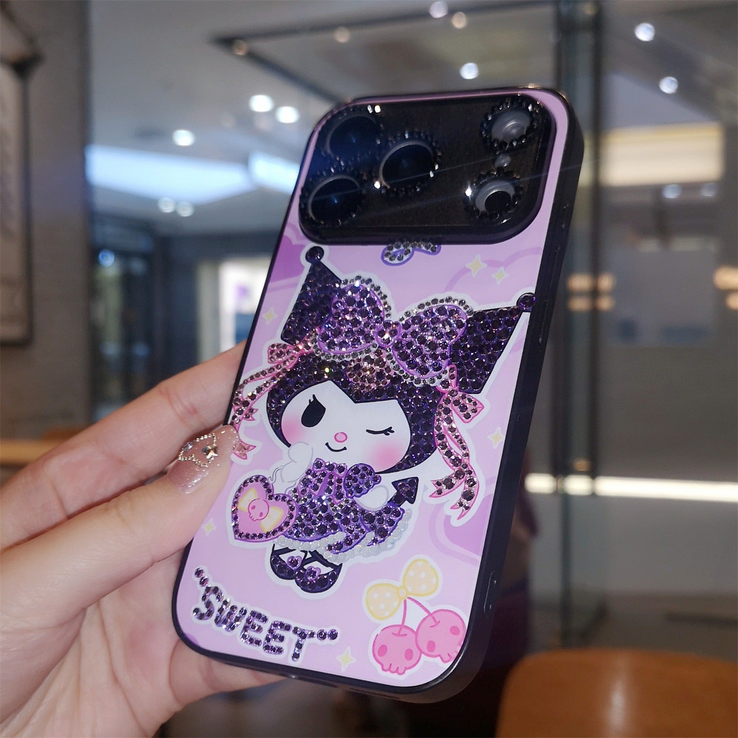 Handmade Minimalism Rhinestone Purple Kuromi iPhone Case