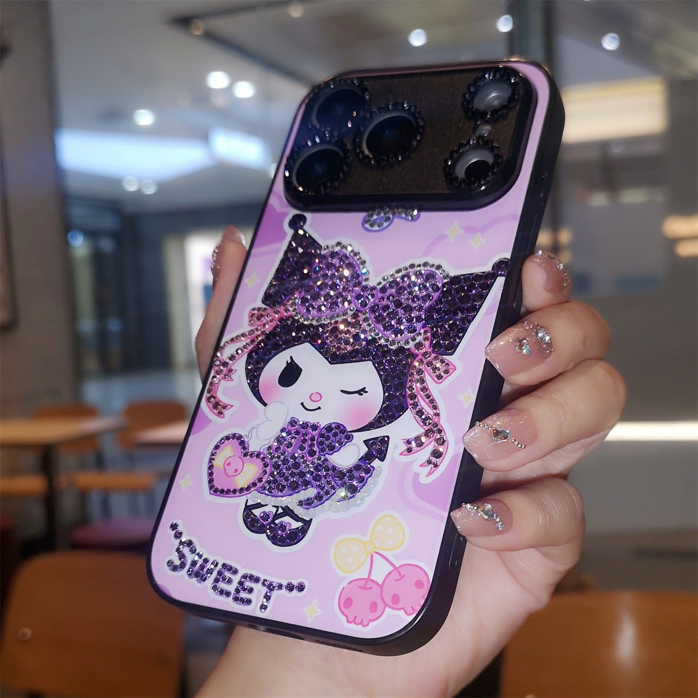 Handmade Minimalism Rhinestone Purple Kuromi iPhone Case