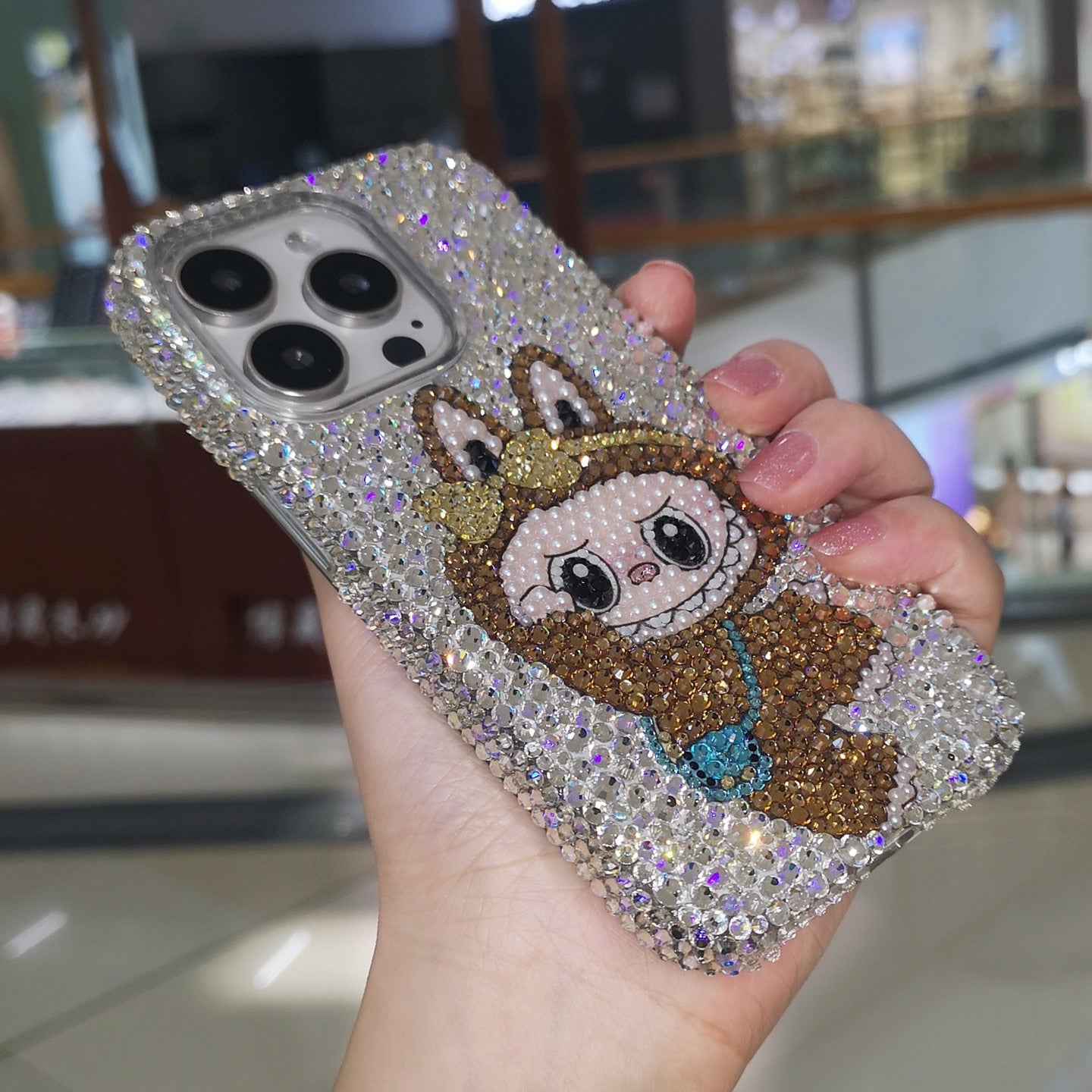 Handmade Gorgeous Labubu Brown Bling Rhinestone For iPhone Case