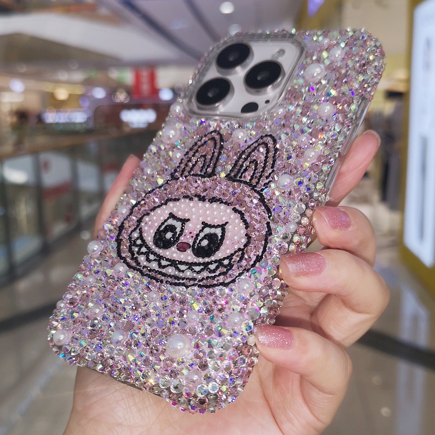 Handmade Gorgeous Labubu Pink Bling Rhinestone For iPhone Case