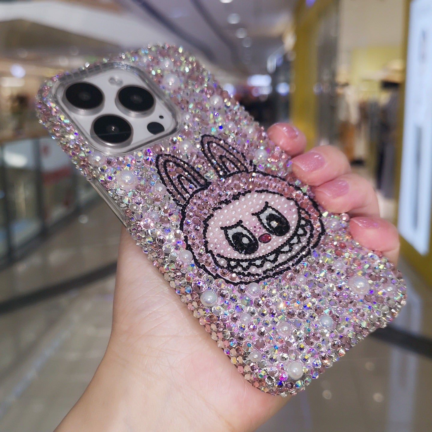 Handmade Gorgeous Labubu Pink Bling Rhinestone For iPhone Case