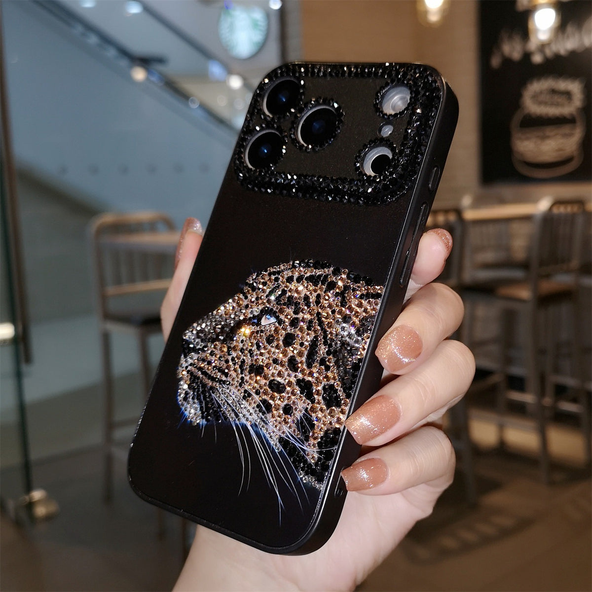 Handmade Minimalism Bling Rhinestone Leopard Head Case For iPhone