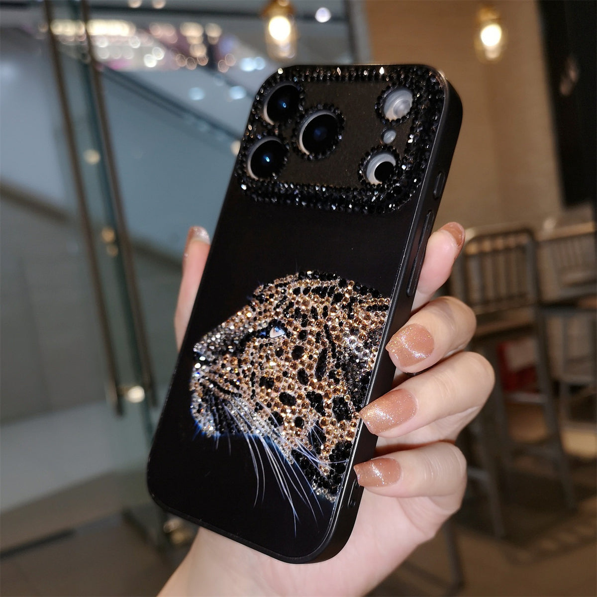 Handmade Minimalism Bling Rhinestone Leopard Head Case For iPhone