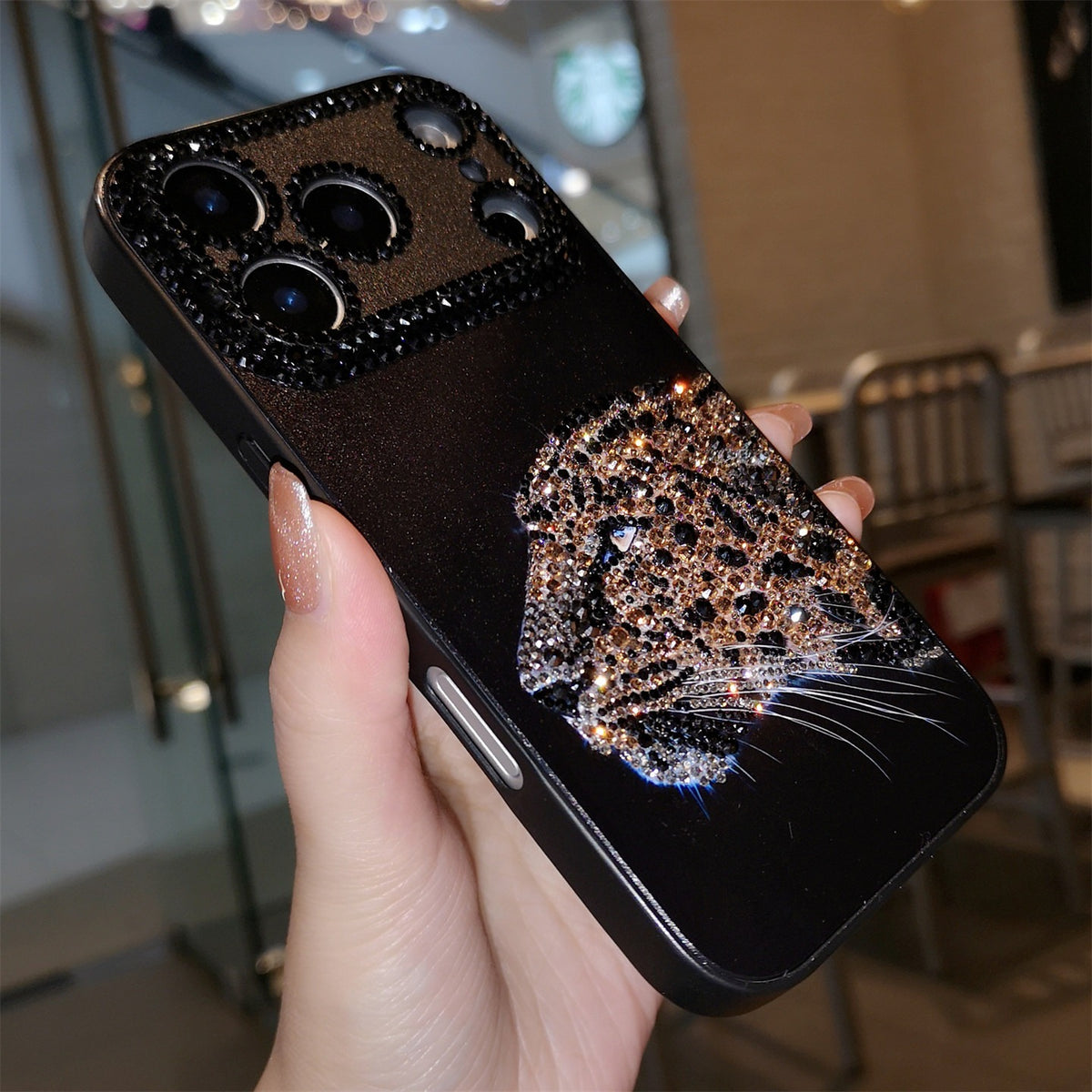 Handmade Minimalism Bling Rhinestone Leopard Head Case For iPhone