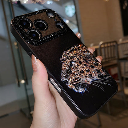 Handmade Minimalism Bling Rhinestone Leopard Head Case For iPhone