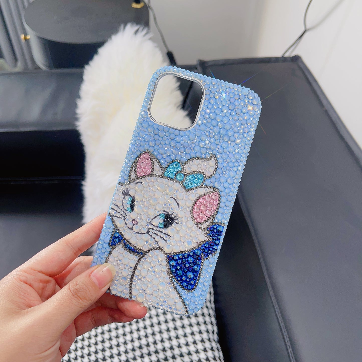 Handmade Bling Blue Rhinestone Marie Cat iPhone Case