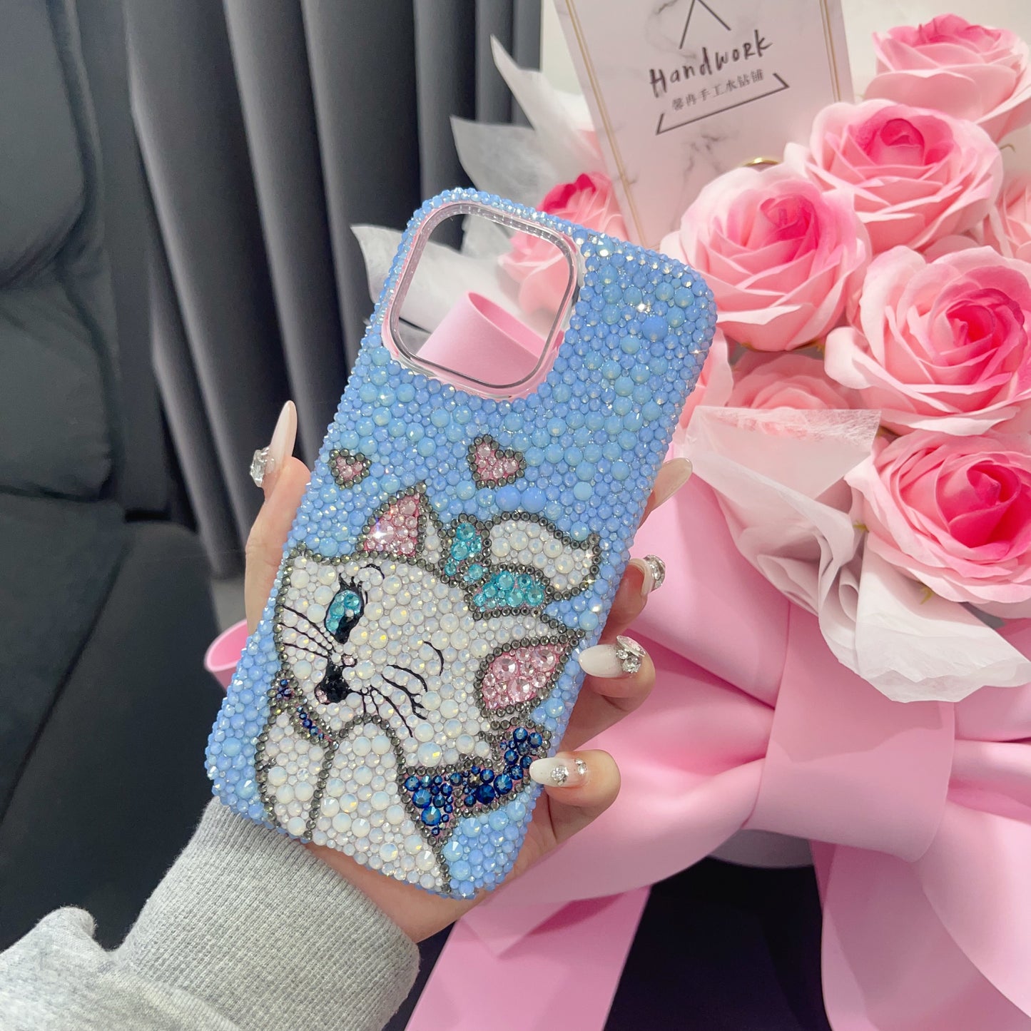 Handmade Gorgeous Bling Blue Crystal Marie Cat iPhone Case