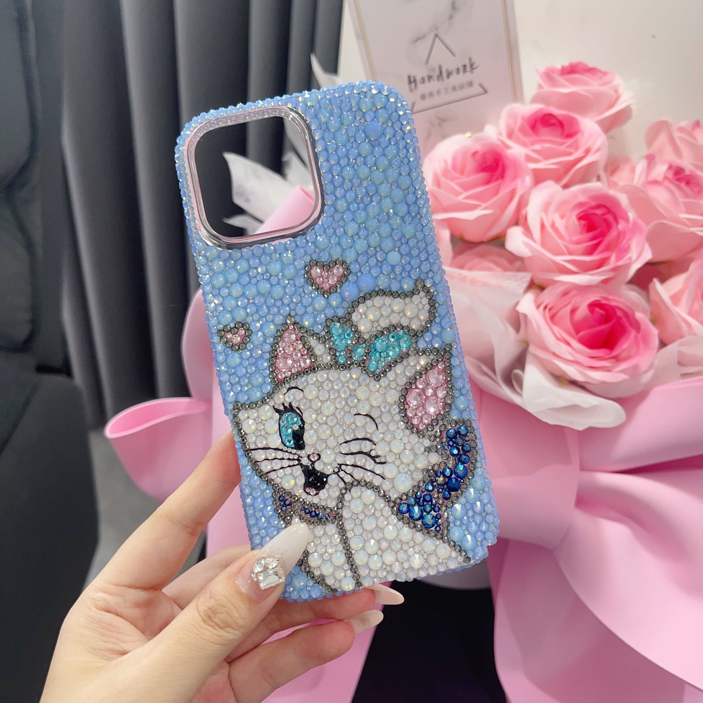 Handmade Gorgeous Bling Blue Crystal Marie Cat iPhone Case