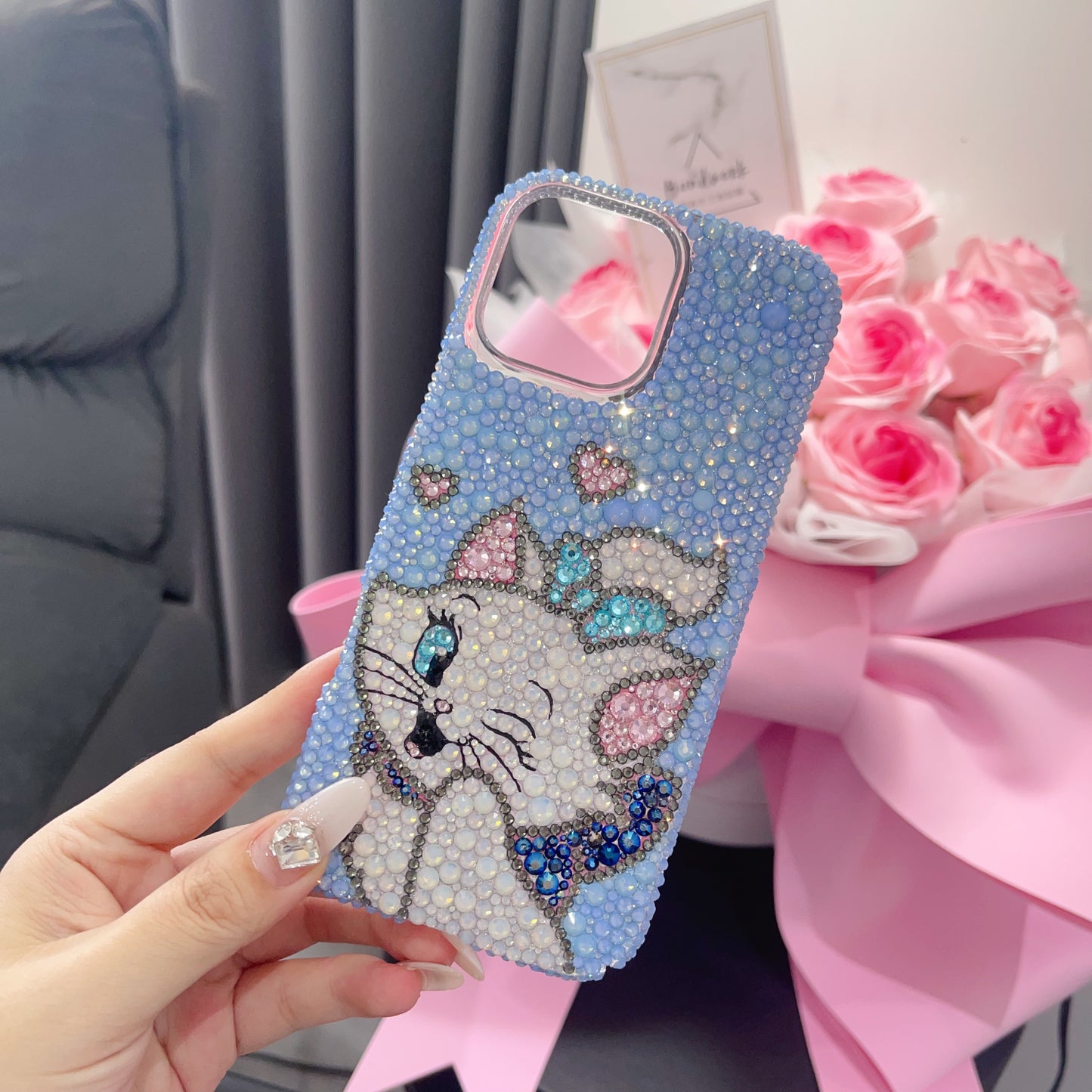 Handmade Gorgeous Bling Blue Crystal Marie Cat iPhone Case