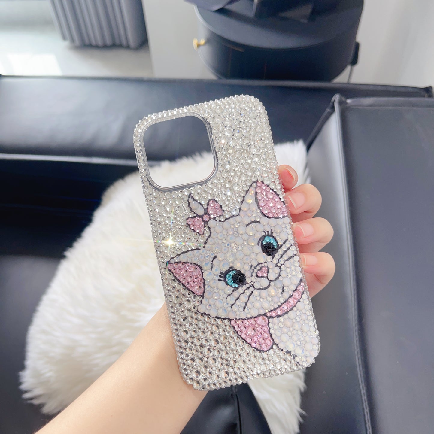 Handmade Bling White Rhinestone Marie Cat iPhone Case