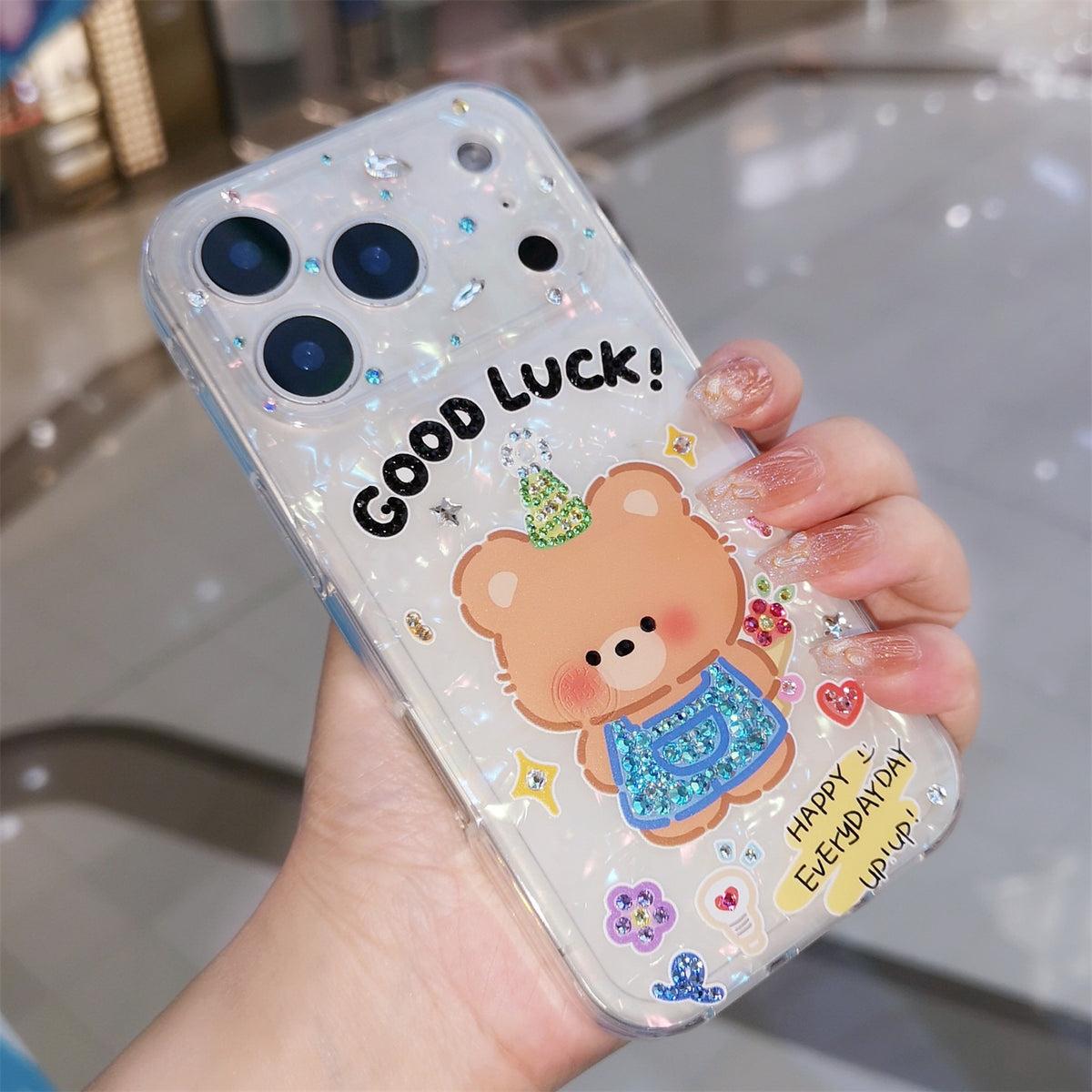 Handmade Minimalism Bling Rhinestone Cartoon Bear Case For iPhone
