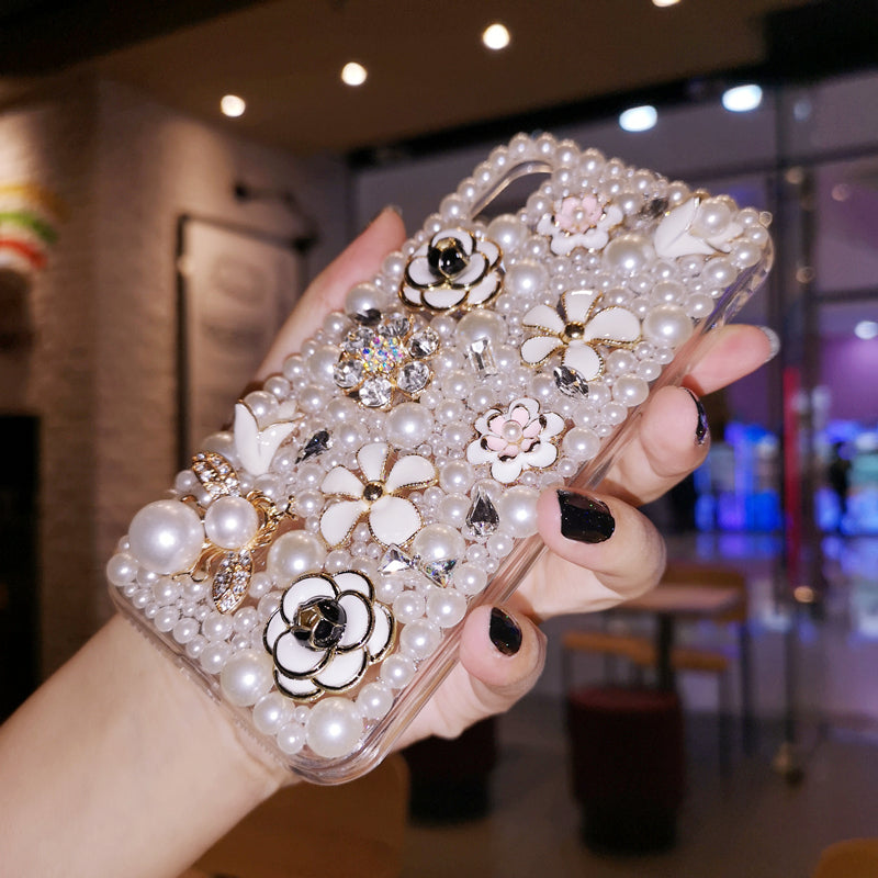 Handmade iPhone Case Elegance Pearls with Flowers Back Case