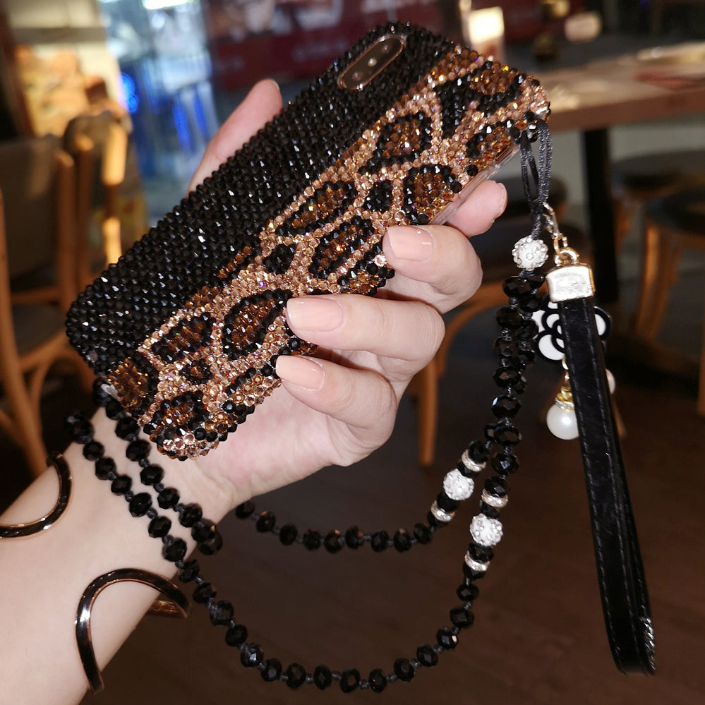 Handgemachte iPhone Hülle Luxus Bling Schwarz Strass Leopard Rückenhülle