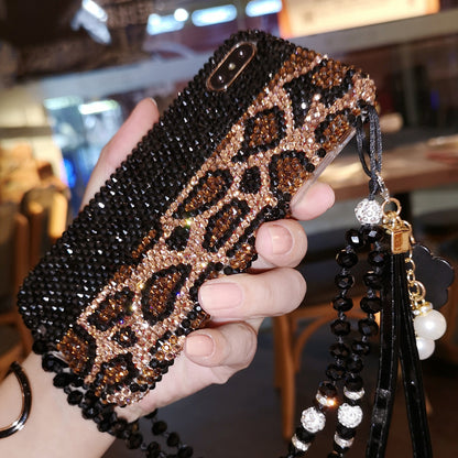 Handgemachte iPhone Hülle Luxus Bling Schwarz Strass Leopard Rückenhülle
