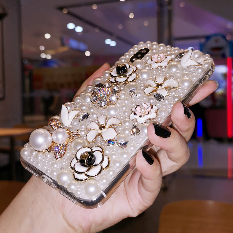 Handgemachte iPhone Hülle Eleganz Perlen mit Blumen Rückenhülle