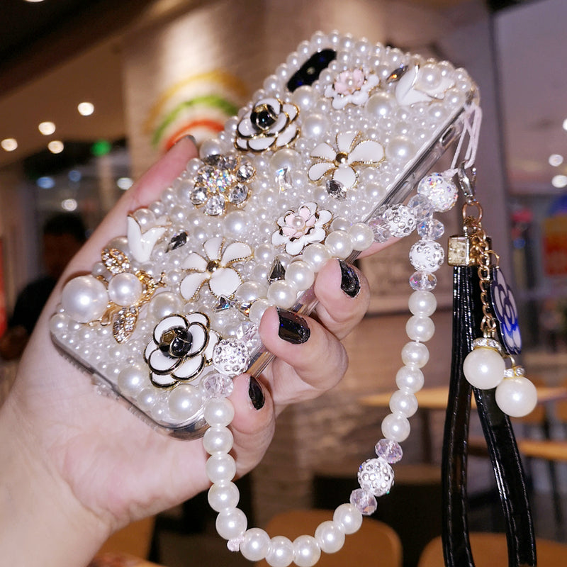Handgemachte iPhone Hülle Eleganz Perlen mit Blumen Rückenhülle