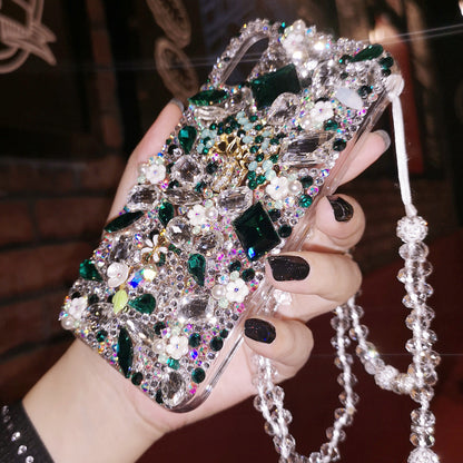 Handmade iPhone Case Luxury Bling Rhinestone and Emerald Stone with Lanyard