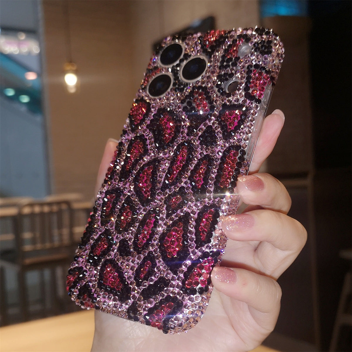 Handmade Luxury Pink Bling Rhinestone Leopard Case For iPhone