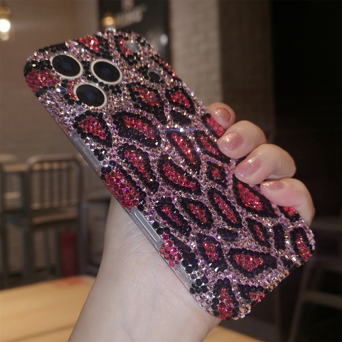 Handmade Luxury Pink Bling Rhinestone Leopard Case For iPhone