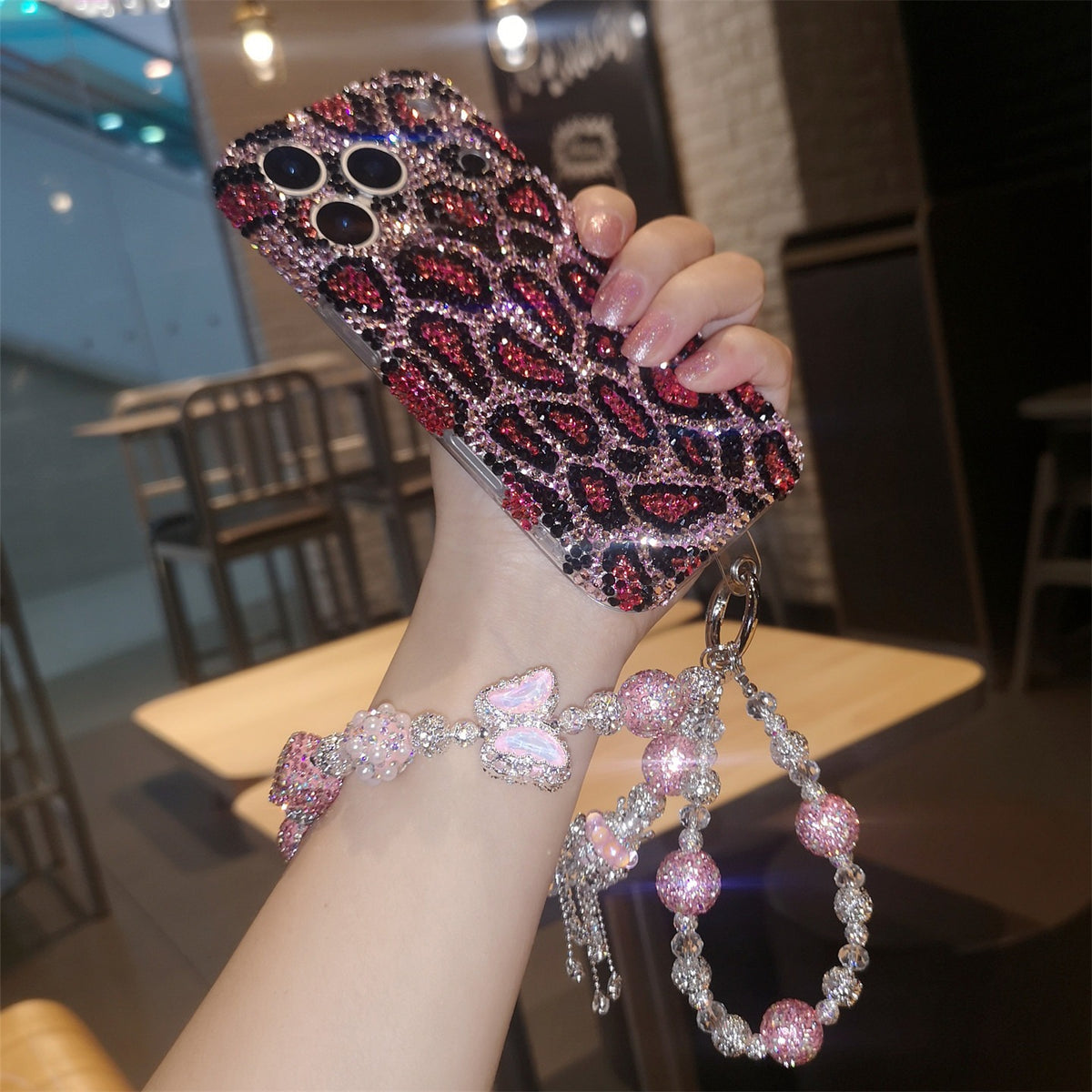 Handmade Luxury Pink Bling Rhinestone Leopard Case For iPhone
