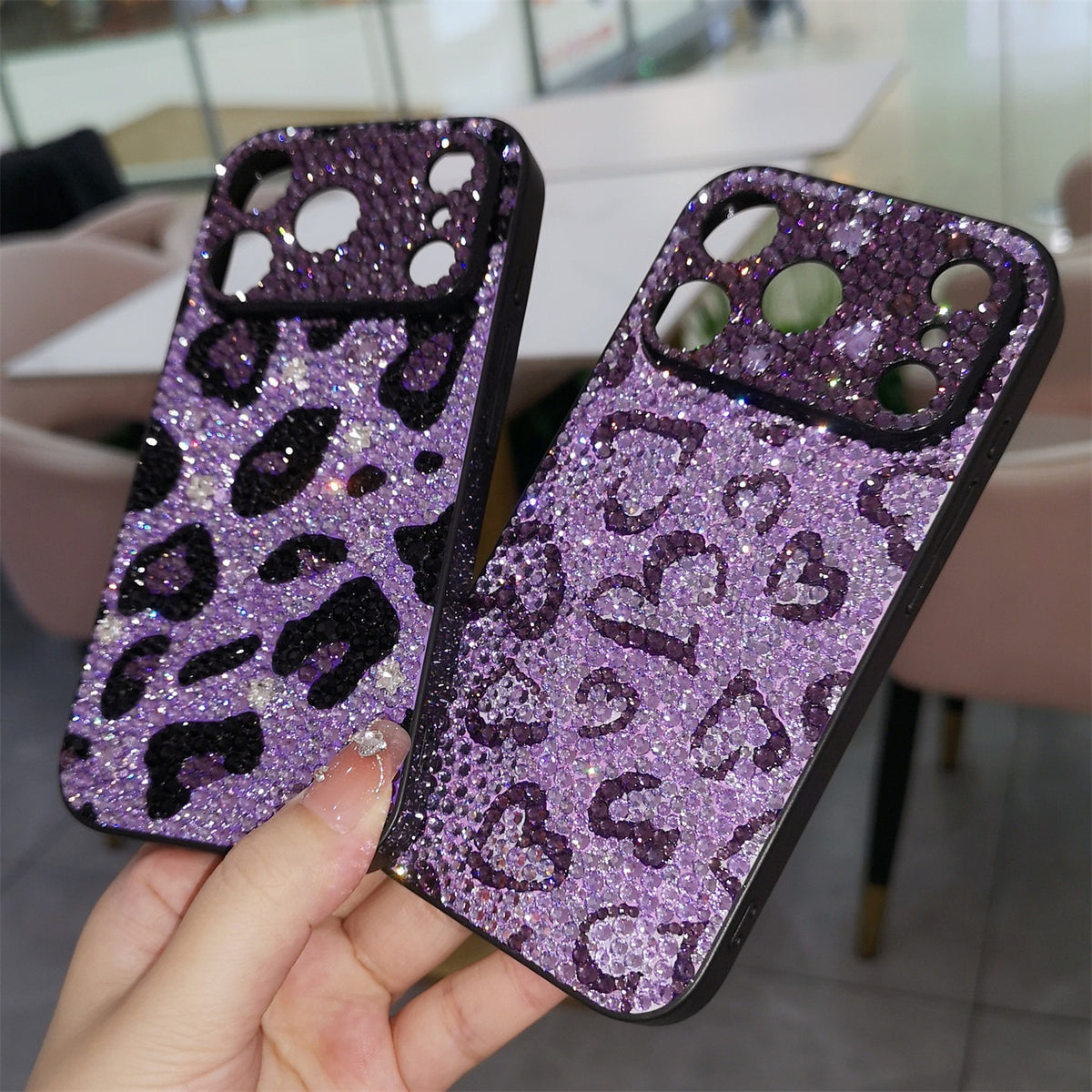 Handmade iPhone Case Luxury Purple Bling Rhinestone Leopard & Heart