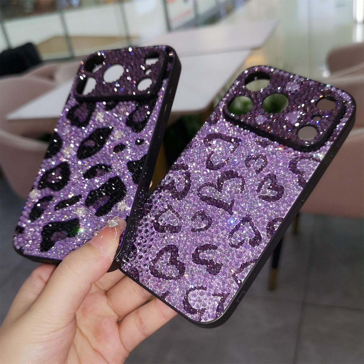 Handmade iPhone Case Luxury Purple Bling Rhinestone Leopard & Heart