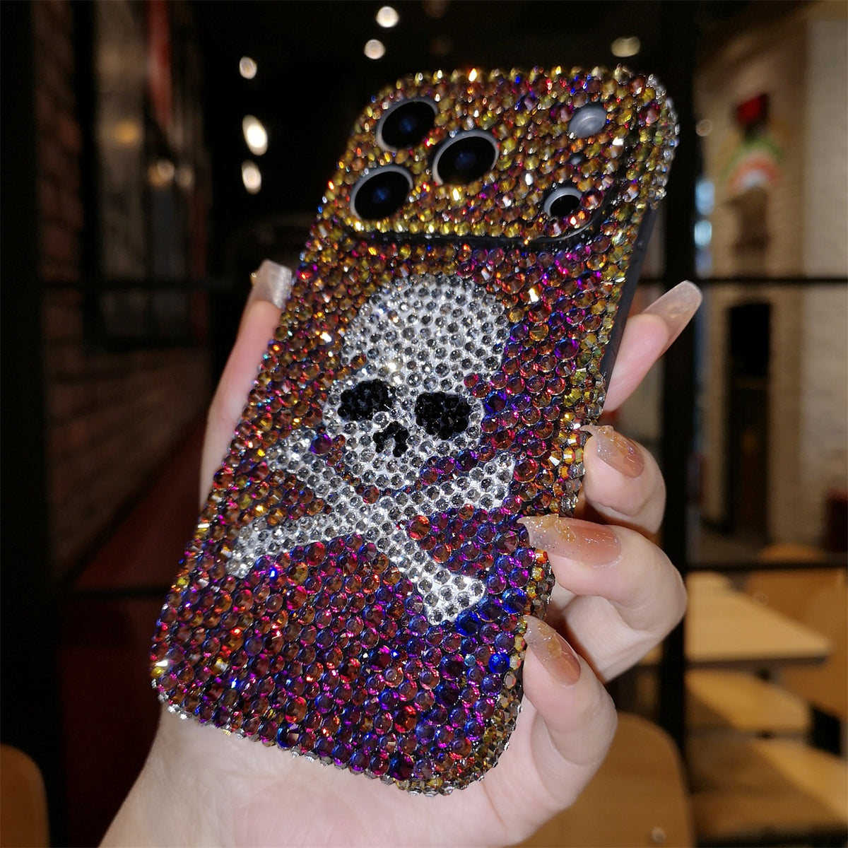 Funda de iPhone Artesanal Lujo Brillo Diamantes de Imitación Calavera con Cordón