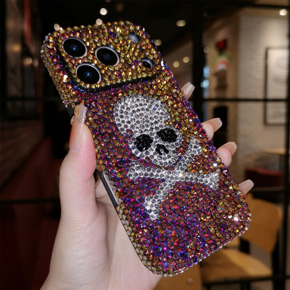 Funda de iPhone Artesanal Lujo Brillo Diamantes de Imitación Calavera con Cordón