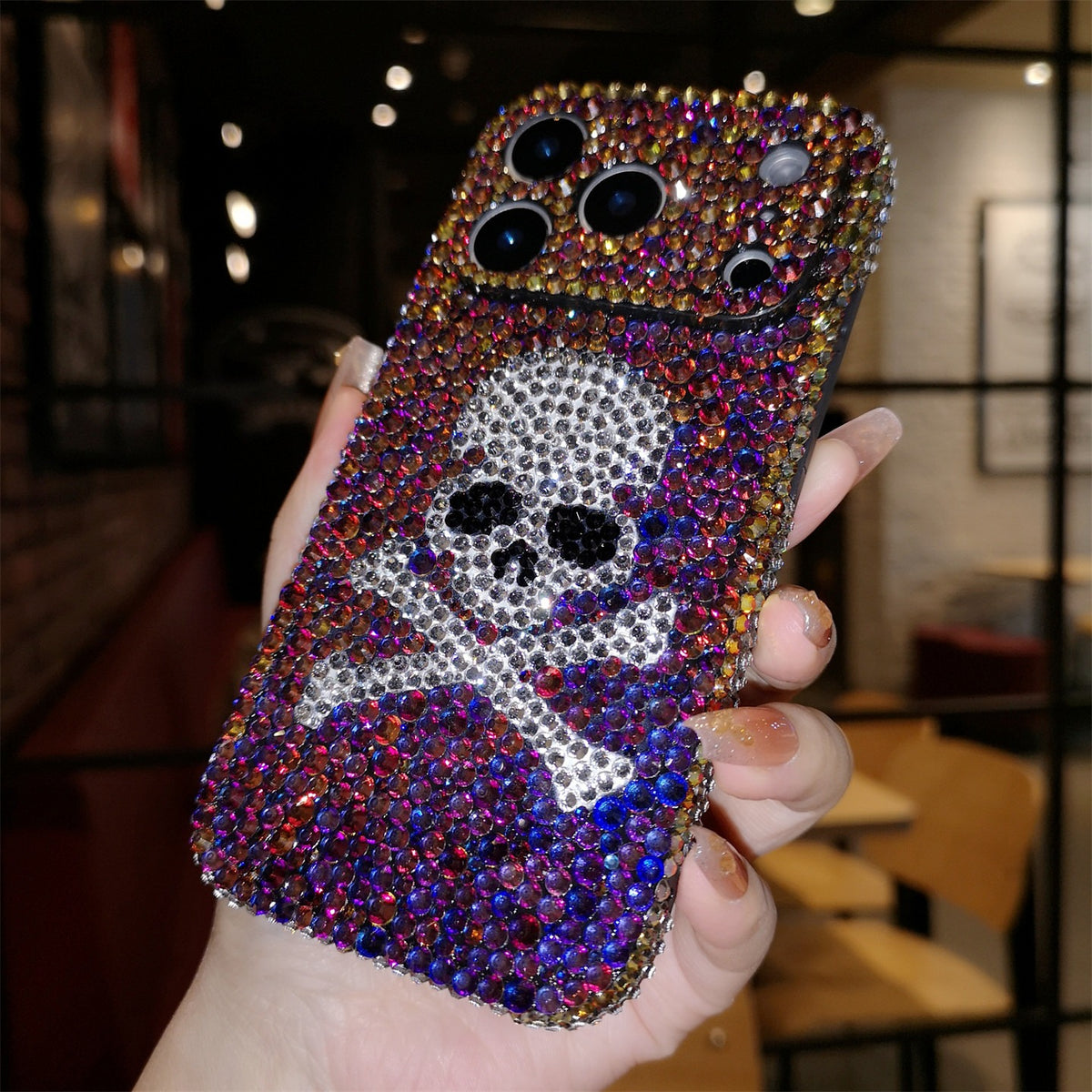 Funda de iPhone Artesanal Lujo Brillo Diamantes de Imitación Calavera con Cordón