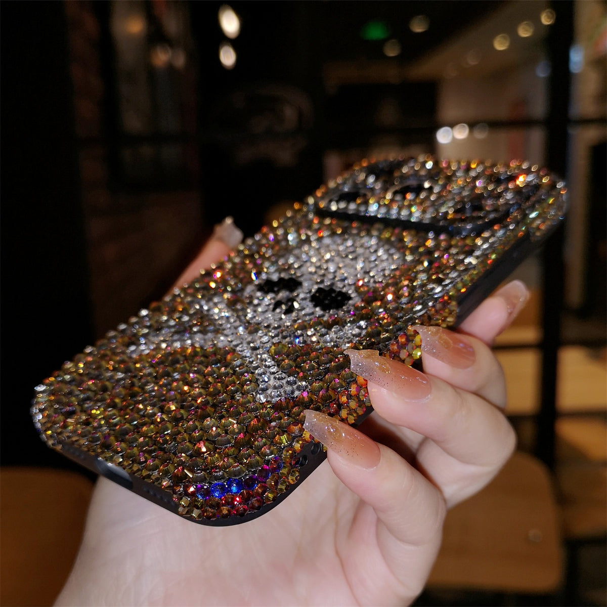 Funda de iPhone Artesanal Lujo Brillo Diamantes de Imitación Calavera con Cordón