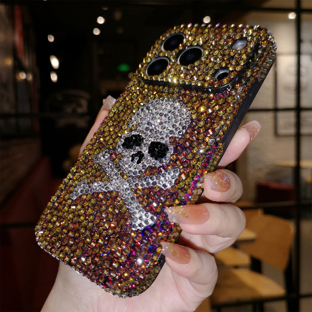 Funda de iPhone Artesanal Lujo Brillo Diamantes de Imitación Calavera con Cordón