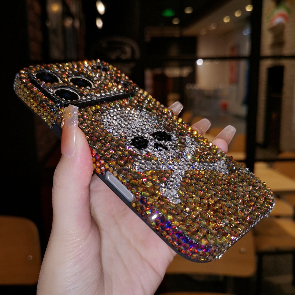 Funda de iPhone Artesanal Lujo Brillo Diamantes de Imitación Calavera con Cordón