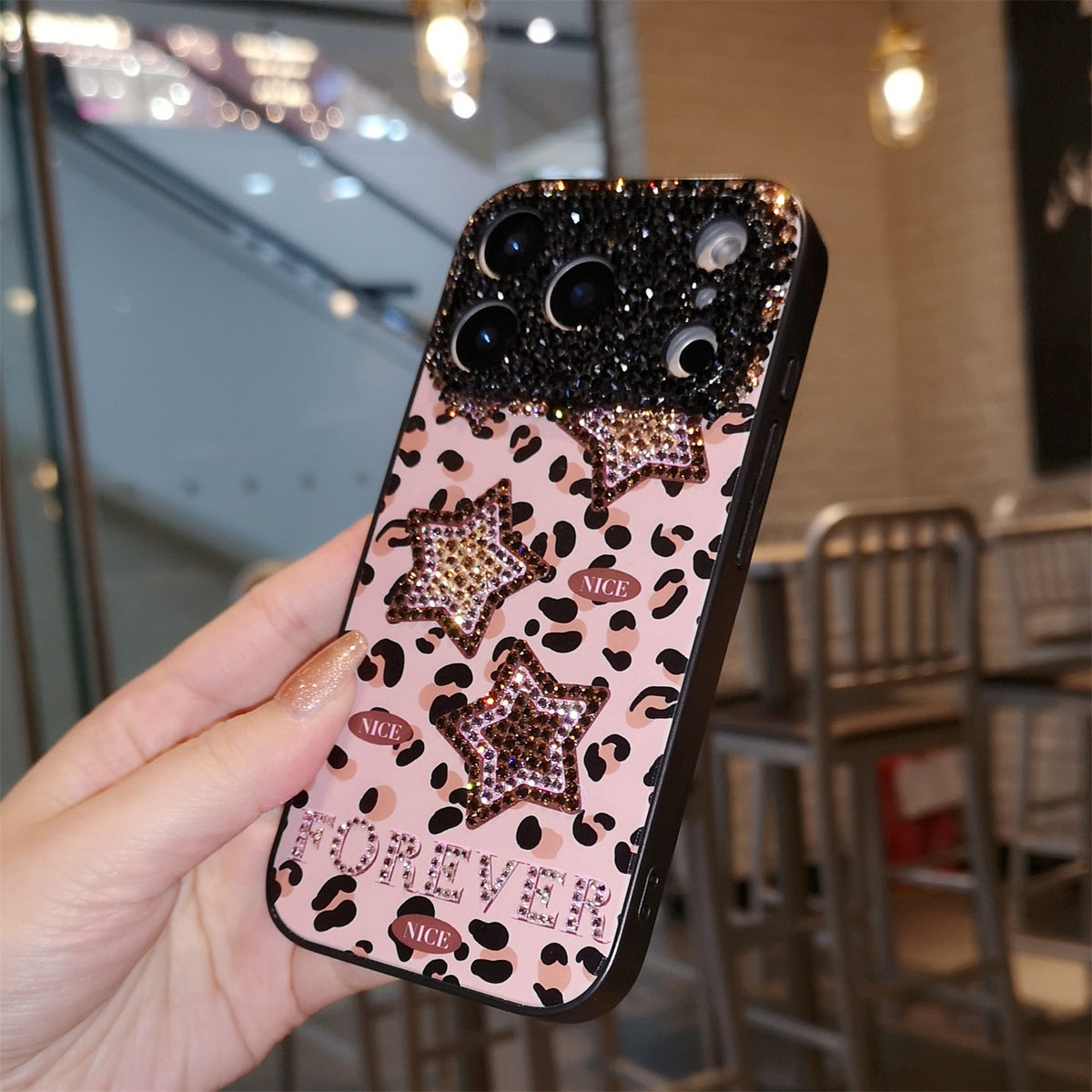 Handmade Minimalism Bling Rhinestone Leopard & Star Case For iPhone