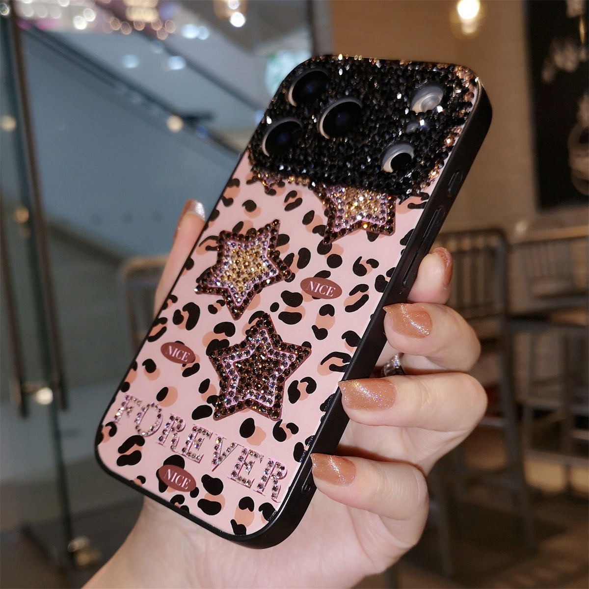 Handmade Minimalism Bling Rhinestone Leopard & Star Case For iPhone