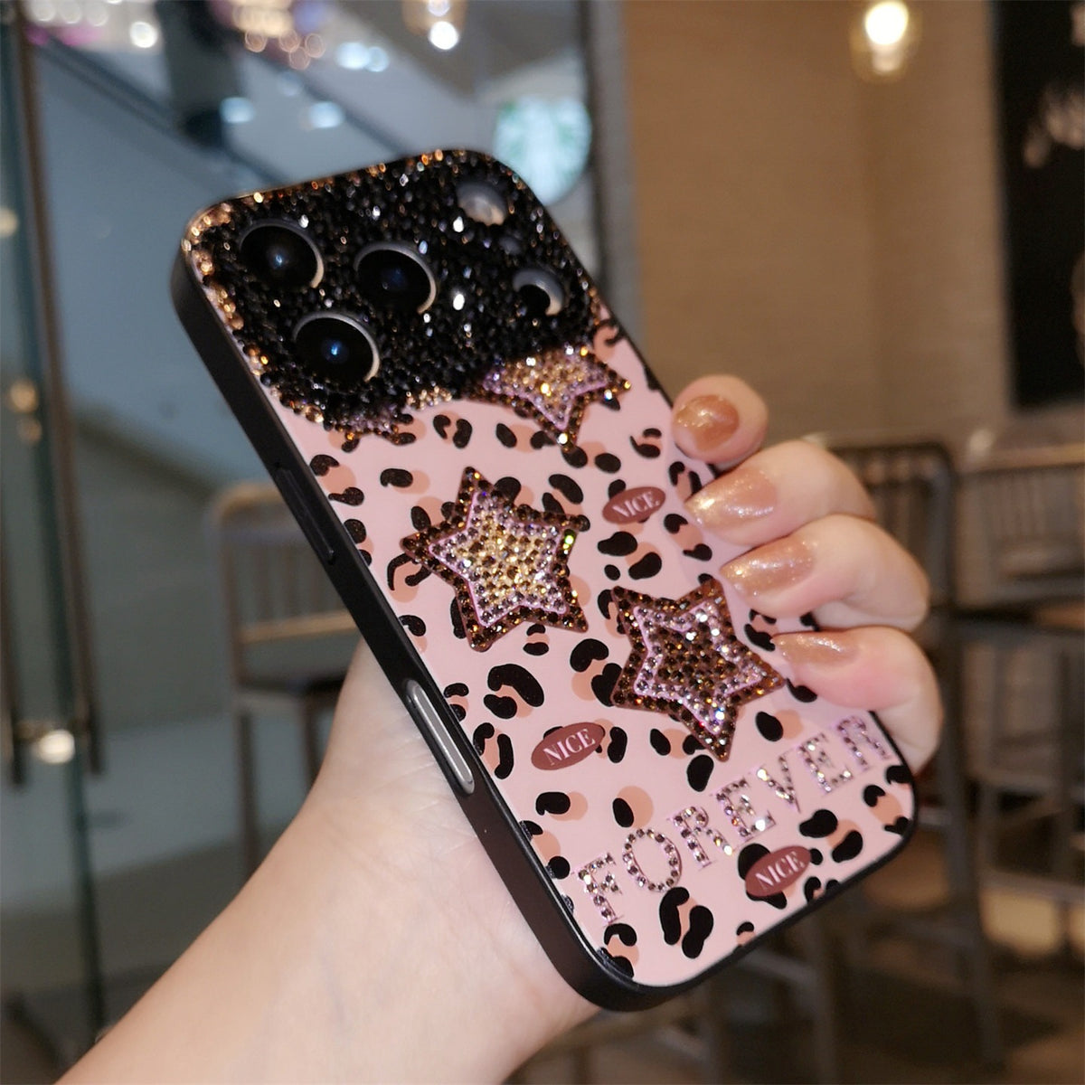 Handmade Minimalism Bling Rhinestone Leopard & Star Case For iPhone