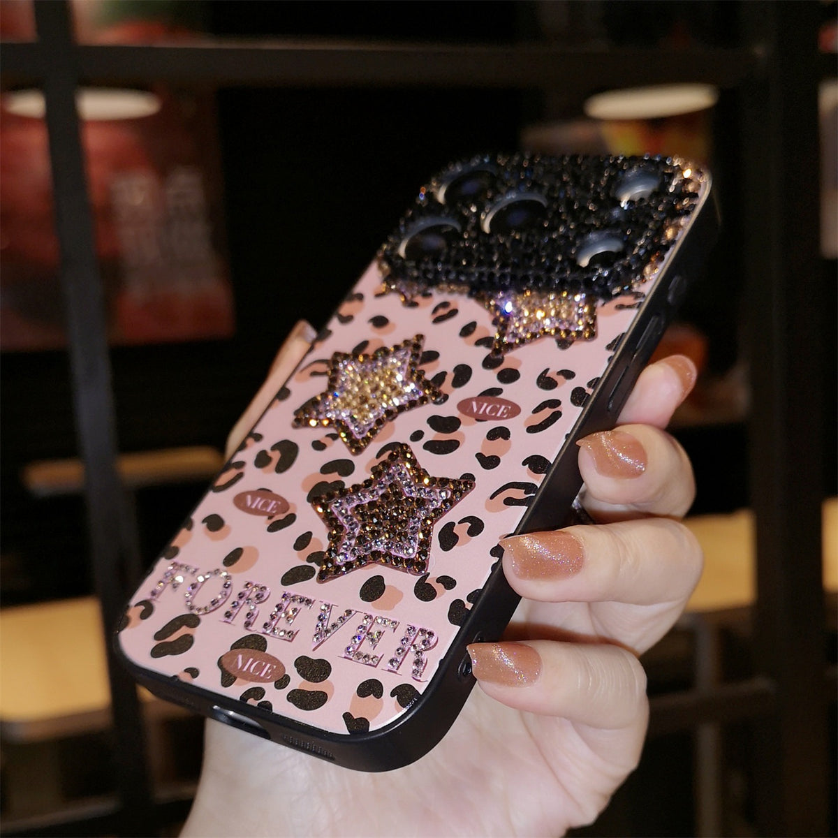 Handmade Minimalism Bling Rhinestone Leopard & Star Case For iPhone