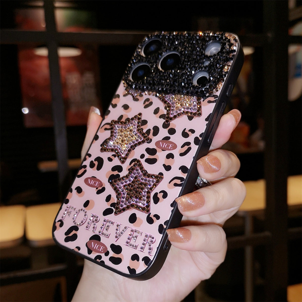 Handmade Minimalism Bling Rhinestone Leopard & Star Case For iPhone