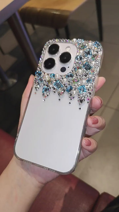 Handmade iPhone Case Minimalist Bling Rhinestone with Blue Crystals Case