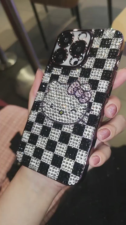 Handmade iPhone Case Luxury Bling Rhinestone Hello Kitty Black & White Check