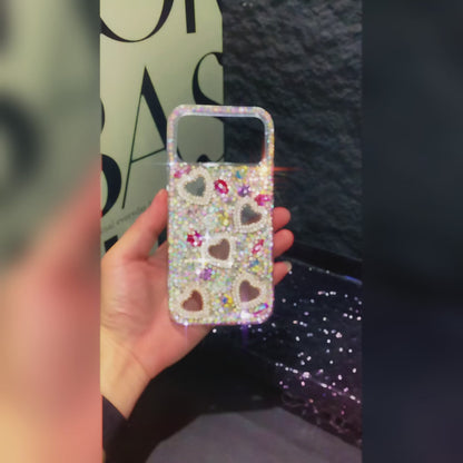 Funda trasera para iPhone hecha a mano de lujo con diamantes de imitación brillantes en forma de corazón