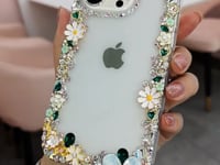 Handmade iPhone Case Minimalist Green Rhinestone with Flower