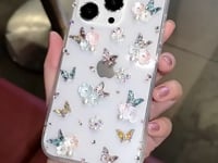 Handmade iPhone Case Minimalist Butterfly and Flowers Rhinestone Case