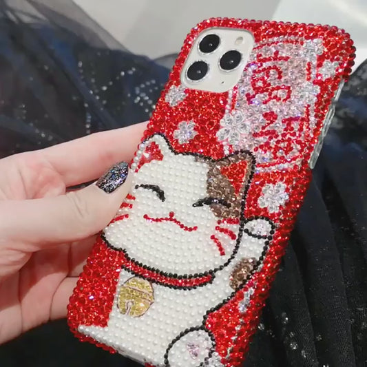 Funda para iPhone hecha a mano de lujo con brillos de diamantes de imitación y gato de la suerte