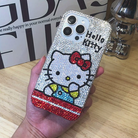 Funda de iPhone hecha a mano, preciosa, con pedrería brillante, diseño de Hello Kitty, adorable