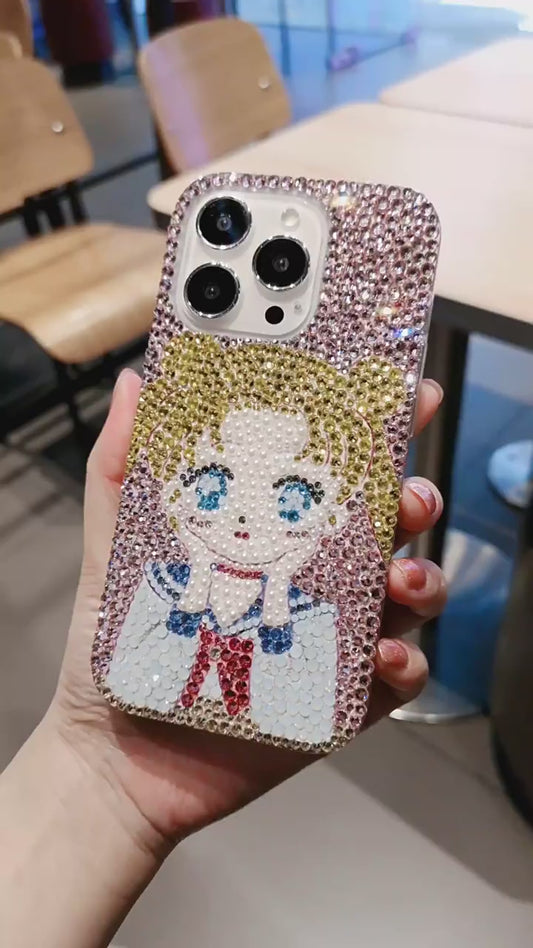 Funda de iPhone hecha a mano de lujo con diamantes de imitación brillantes y diseño de Sailor Moon