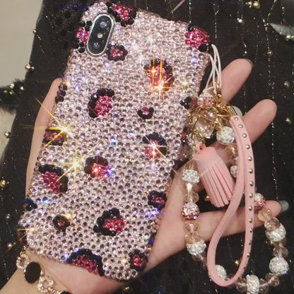 Handmade iPhone Case Luxury Bling Rhinestone Pink Leopard Case with Charm Chain