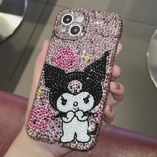 Funda de iPhone hecha a mano de lujo con diamantes de imitación brillantes y diseño de Kuromi