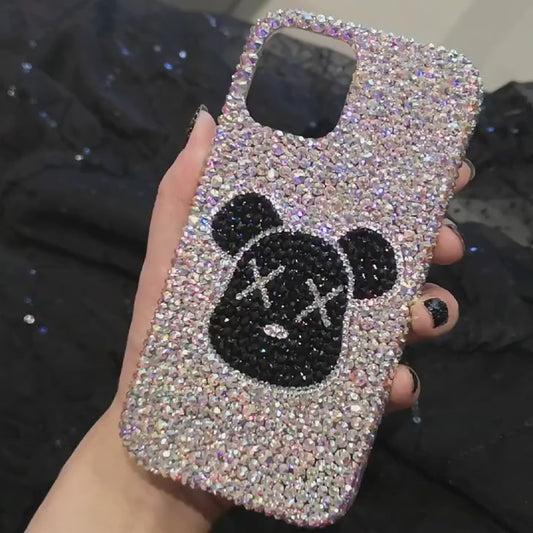Funda hecha a mano para iPhone con diamantes de imitación brillantes AB y oso en la parte trasera